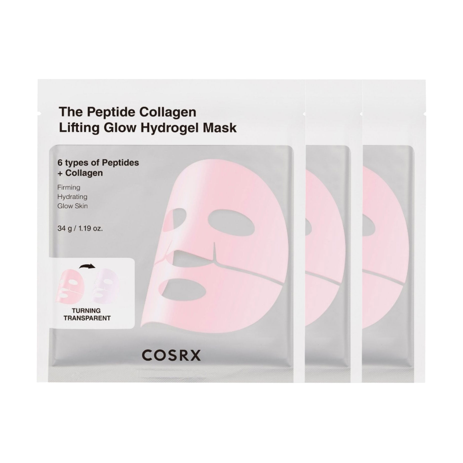 Гідрогелева маска для обличчя CosRX The Peptide Collagen Lifting Glow Hydrogel Mask з ефектом ліфтингу та сяйва, 3*34 г